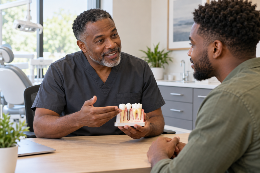 Dentist explaining dental care to a patient