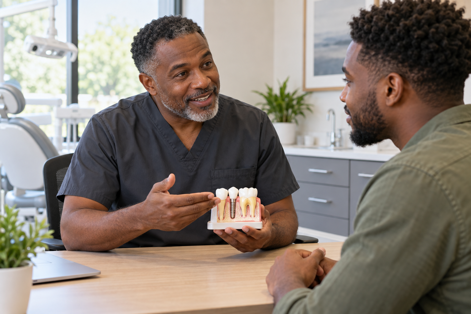 Dentist explaining dental care to a patient