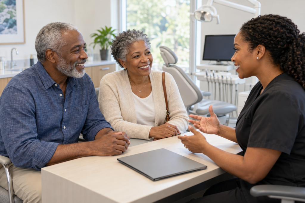 Couple discussing dental care at a consultation