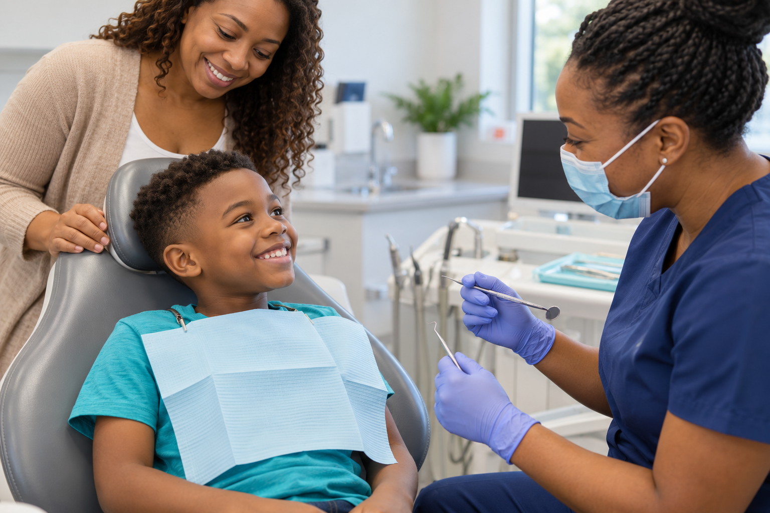 Child attending a routine dental checkup
