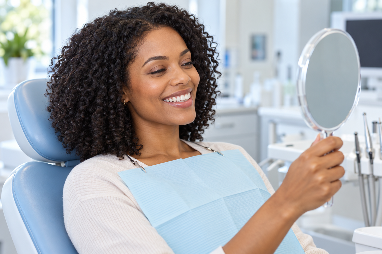 Patient admiring her smile in a handheld mirror