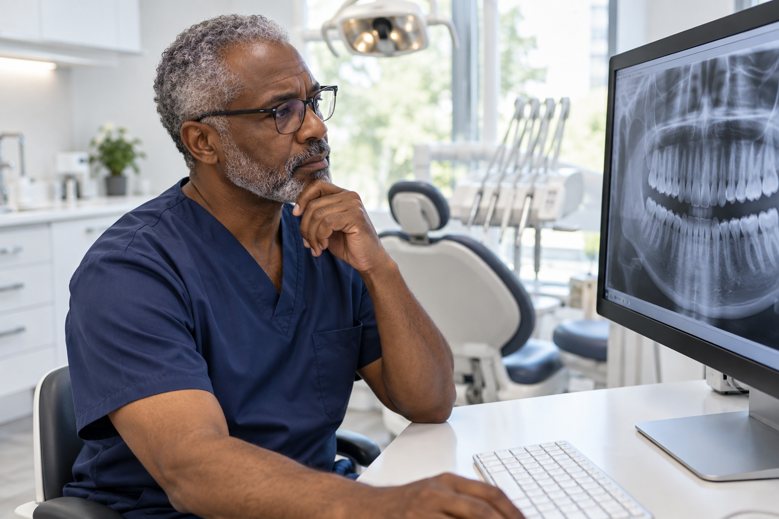 Dentist reviewing dental imaging to plan patient care