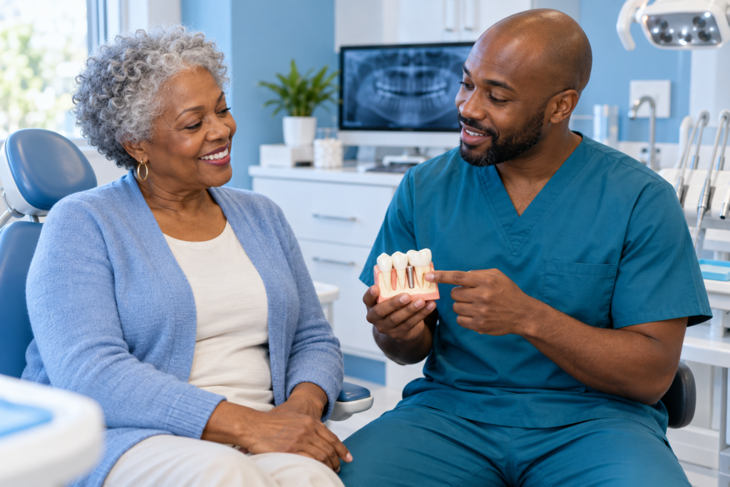 Dentist discussing restorative dental options with an older patient