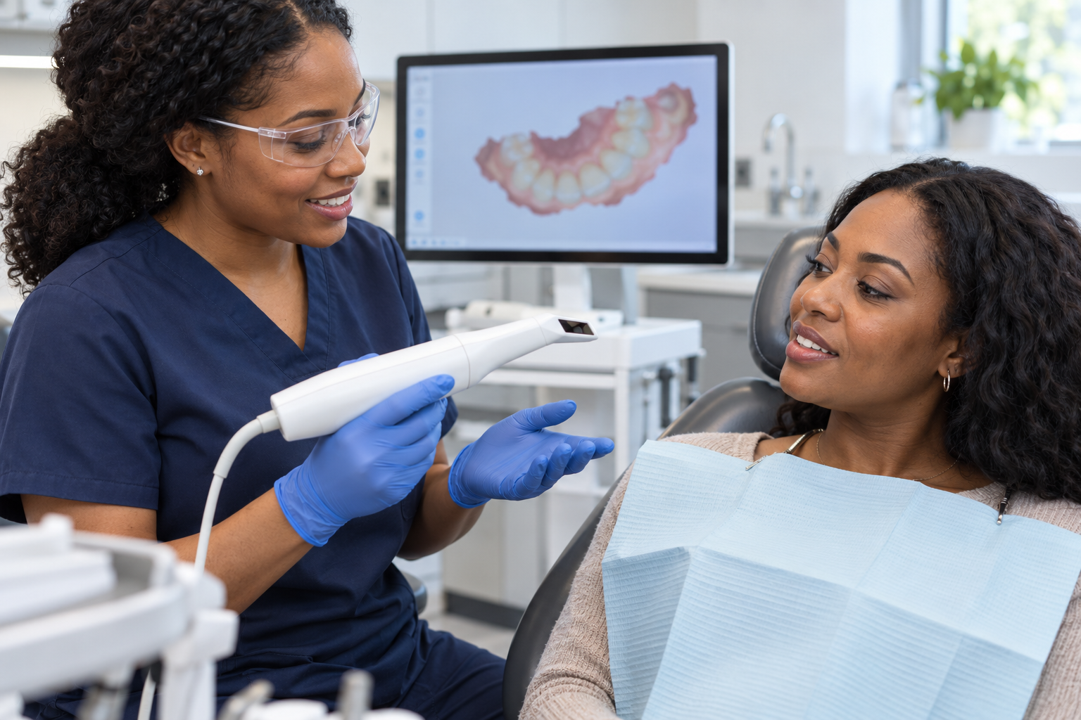 Dentist demonstrating a digital dental scanner to a patient
