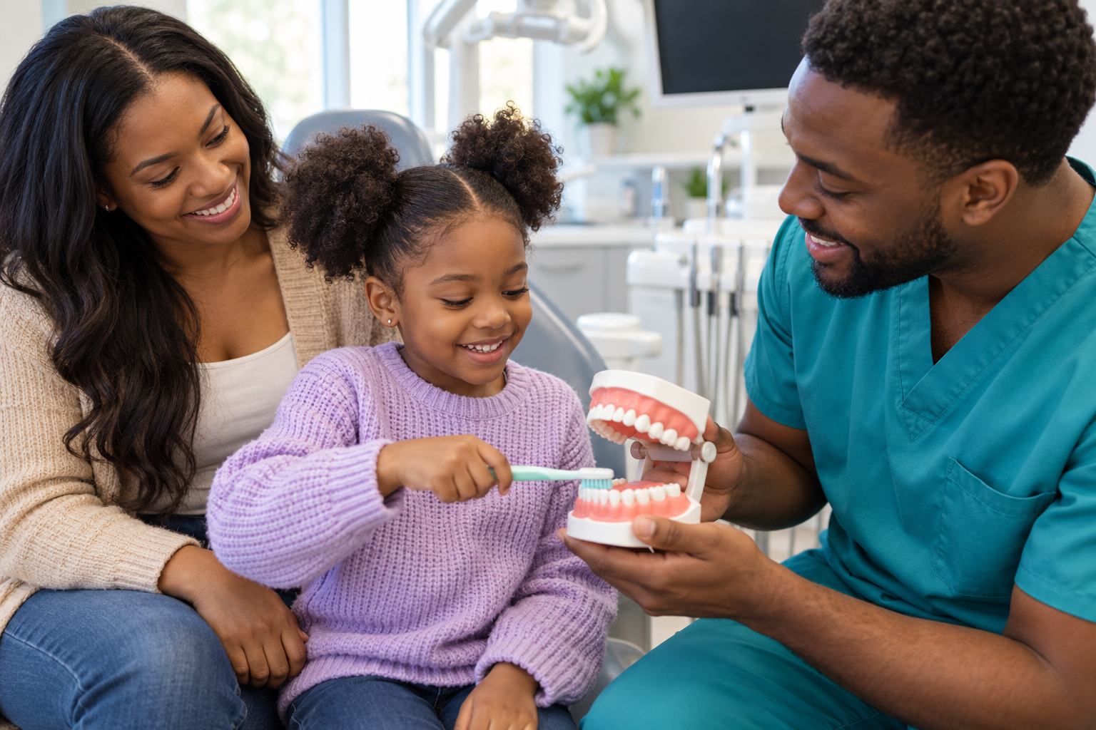 Child learning toothbrushing with a dentist and parent