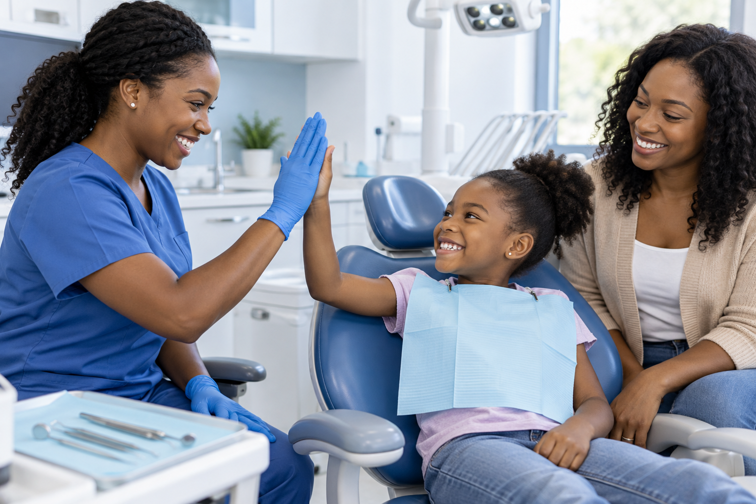 Child and mother celebrating a friendly dental visit