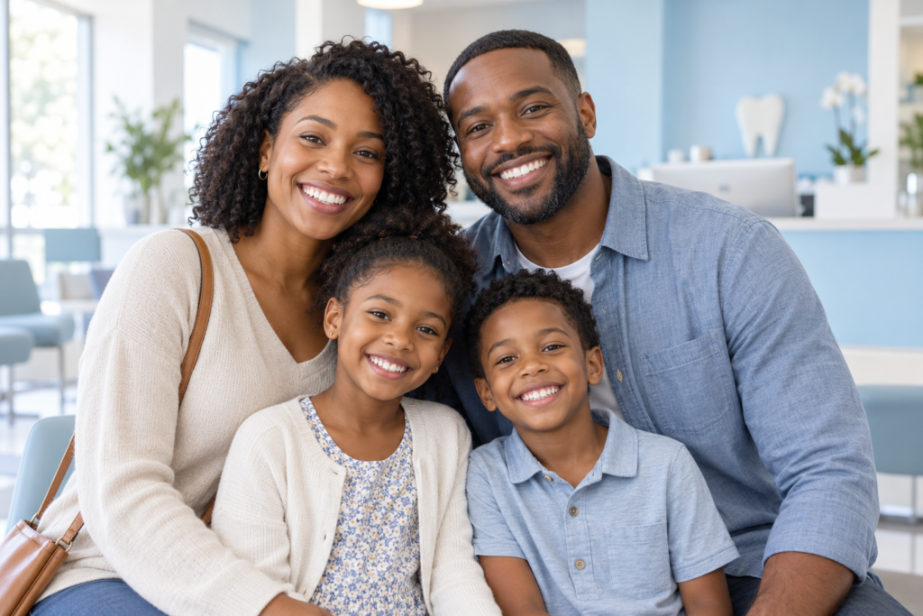 Family smiling together in a dental reception