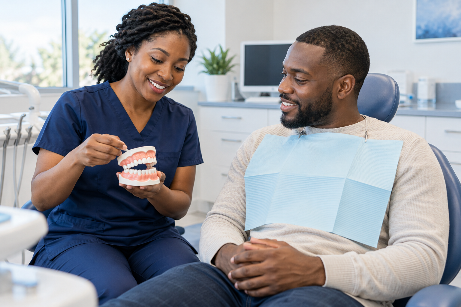 Dentist explaining a tooth model to a patient during a dental consultation