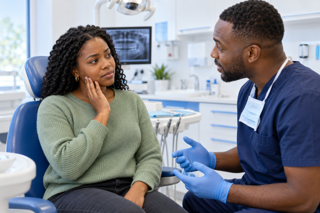 Patient discussing tooth discomfort with a dentist