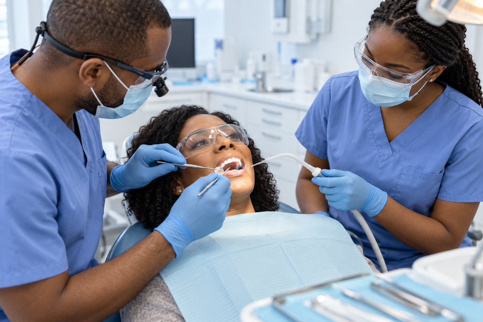 Dental team caring for a patient during a restorative examination