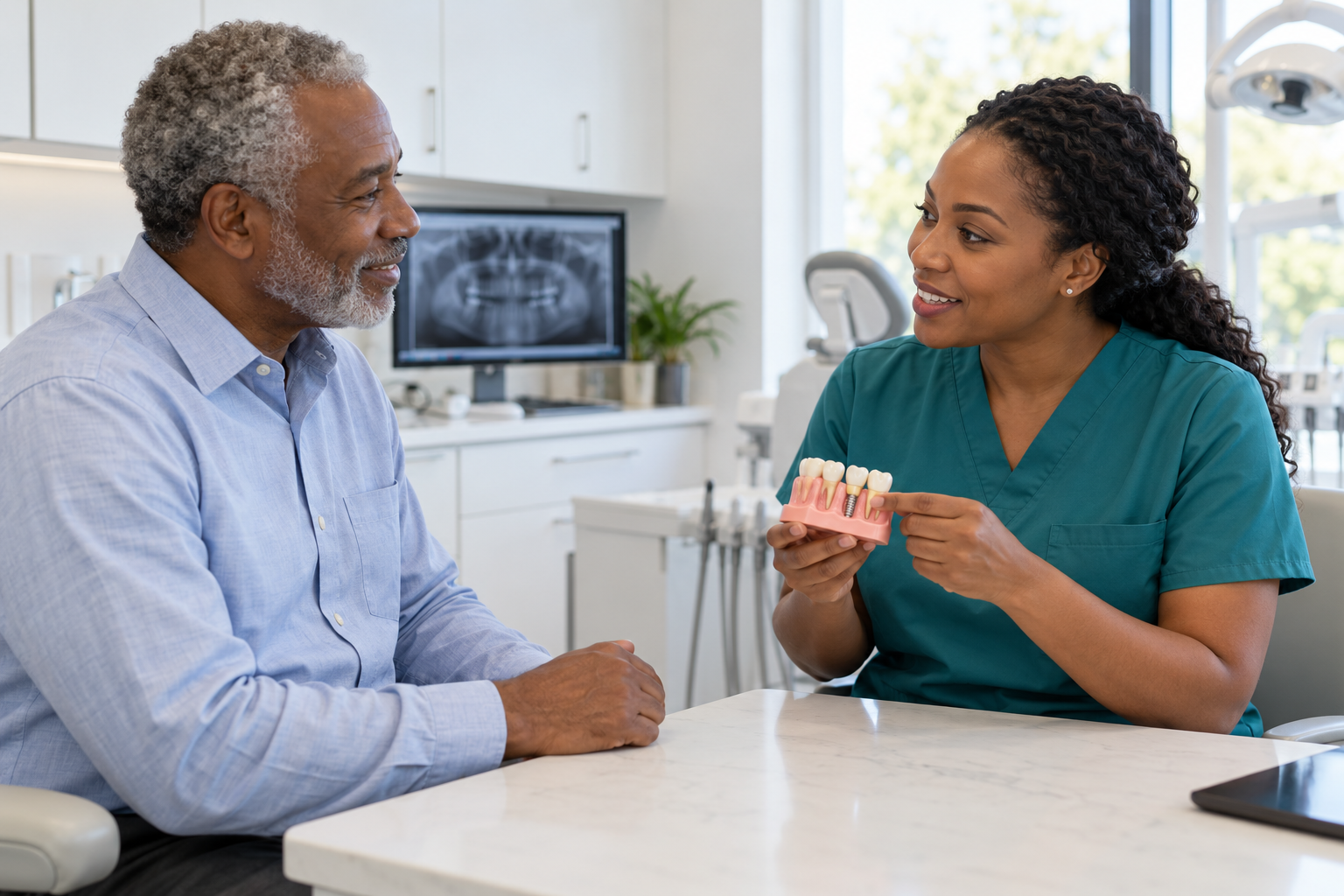 Older patient discussing restorative care with a dentist
